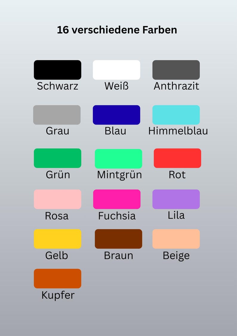 May include: A color chart displaying 16 different colors, each in a rectangular block. The colors include black, white, gray, blue, green, pink, yellow, brown, and copper, with German color names above each block.