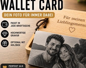 Personalisierte Metallkarte (Wallet Card) mit Foto | Gravierte Karte fürs Portemonnaie | Fotogeschenk für Partner | Optional mit Holzbox