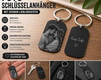Personalisierter Foto Schlüsselanhänger mit Gravur | Eigenes Bild auf Aluminium | Geschenk für Partner, Familie, Hochzeit, Jahrestag