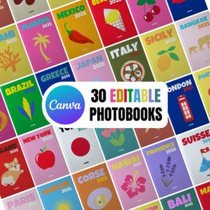 Pode incluir: Uma coleção de 30 fotolivros com capas coloridas, cada uma representando um local diferente como o Brasil, o Japão e a Itália. As capas apresentam ilustrações e o ano de 2025. Um logotipo da Canva está no centro.