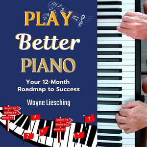May include: A book cover with the title "PLAY Better PIANO" in gold lettering on a dark blue background. The text "Your 12-Month Roadmap to Success" and the author's name, Wayne Liesching, are also displayed. A piano keyboard and hands playing the piano are visible.