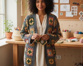 Cardigã Grandma Square em Crochê - Modelo em PDF - Suéter Boho Fácil para Download Digital