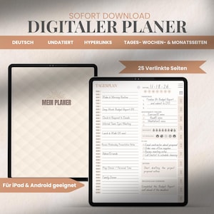 Könnte beinhalten: Digitaler Planer auf einem Tablet mit dem Text "SOFORT DOWNLOAD DIGITALER PLANER". Der Planer enthält Tages-, Wochen- und Monatsseiten mit Hyperlinks. Der Text "MEIN PLANER" ist ebenfalls sichtbar. Geeignet für iPad und Android.