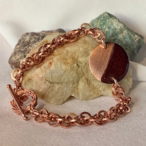 Copper Chain Link Bracelet Red Enamel Accent Pure Copper