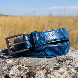 Può includere: Una cintura in pelle blu con motivo a pelle di serpente. La cintura ha una fibbia rettangolare color argento. La cintura è appoggiata su una roccia grigia con un campo e cielo blu sullo sfondo.