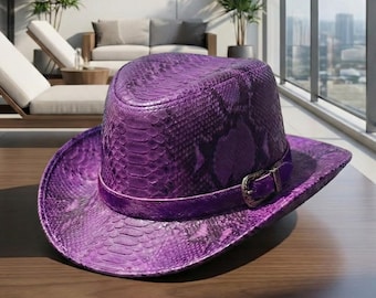 Purple Embossed Python Leather Hat – Exotic Snakeskin Pattern for Men & Women