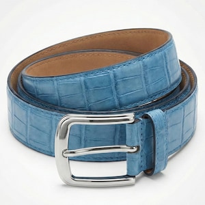 以下が含まれることがあります： クロコダイルのような模様の、丸められた水色のベルト。 ベルトはシルバー色のバックルと茶色の革の内側を備えています。 ベルトはスタイリッシュなアクセサリーです。