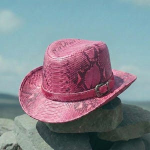 Pink Embossed Snakeskin Leather Hat – Handmade Exotic Cowboy  cap for Women and Men