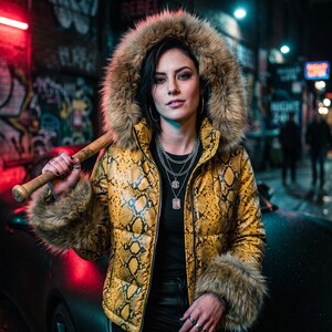 Snake Print Leather Puffer Jacket for Women | Yellow Animal Print Winter Coat with Faux Fur Hood and Cuffs