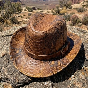 Cappello in pelle di pitone fatto a mano - Cappello vintage marrone a tesa larga per uomo e donna,