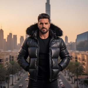 May include: A black puffer jacket with a faux fur hood. The jacket has a shiny, quilted finish and is worn over a black top. The background shows a cityscape with skyscrapers and a sunset.