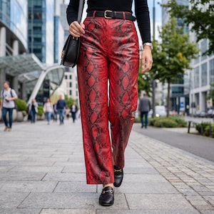 May include: High-waisted trousers featuring a vibrant red and black snakeskin pattern. The trousers are tailored with a straight-leg cut, a black leather belt with a gold-toned buckle, and are paired with black leather loafers with gold-toned hardware.