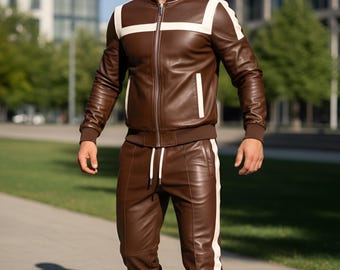 Genuine Brown Leather Jogging Suit for Men – Stylish Two-Piece Tracksuit with White Stripes,