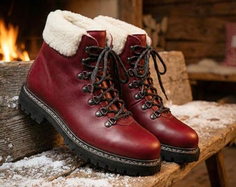 Burgundy Leather Hiking Boots for Men | Warm Faux Sherpa Lined Winter Shoes
