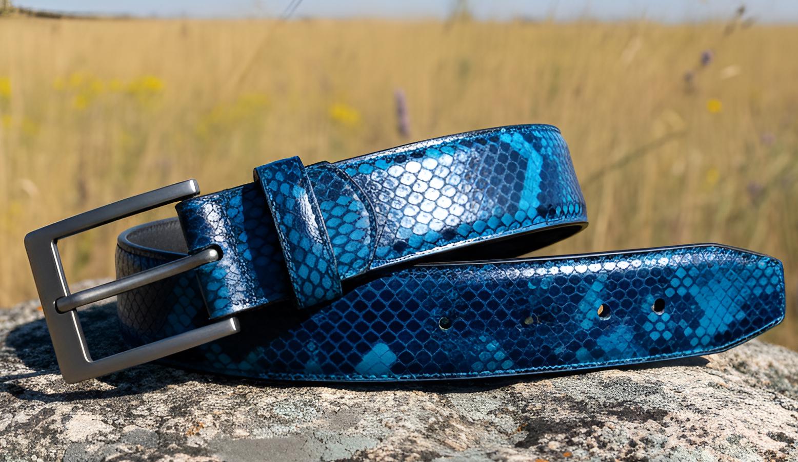 Blue Snakeskin Leather Belt for Men & Women – Python Pattern  display picture 2