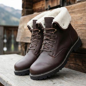 Dark brown leather mens winter boots resting on a rustic wooden bench outdoors. The boots feature a thick white faux fur lining that folds over the top edge to create a cozy shearling collar. Sturdy black rubber lug soles with white contrast stitching provide traction and style. The lace up front has metal eyelets and thin brown leather laces. The background shows a soft focus mountain landscape under a bright sky. These high quality handmade boots by Totaluxury Art look durable and warm.