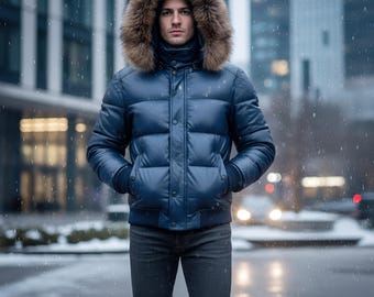 May include: A navy blue puffer jacket with a fur-lined hood. The jacket has a button-up front and pockets. The person is wearing dark gray jeans. The background shows a city street with falling snow.