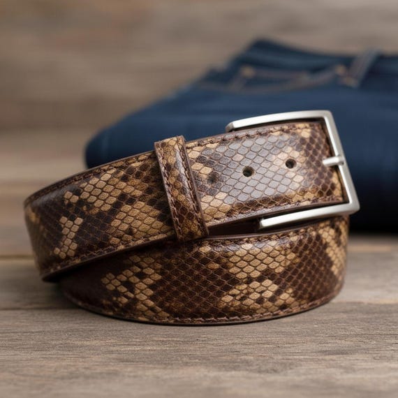 Brown Snakeskin Leather Belt – Handmade Exotic Pattern Belt  display picture 2