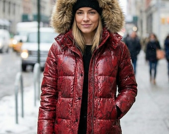 Women's Snake Leather Puffer Jacket | Python Texture Winter Coat | Warm Quilted Parka