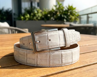 Embossed Crocodile Leather Men's Belt's , Birthday gifts, Men Belt for dress , White Jeans Pant