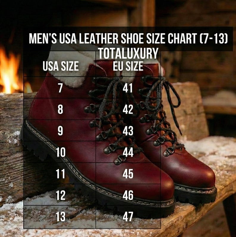 A mens leather shoe size chart for Totaluxury boots overlaid on an image of reddish brown boots by a fireplace. The chart includes two columns for USA and EU sizes. USA size seven matches EU forty one while USA size eight matches EU forty two. USA size nine matches EU forty three and USA size ten matches EU forty four. USA size eleven matches EU forty five while USA size twelve matches EU forty six and USA size thirteen matches EU forty seven. Clear white text on a dark translucent background.