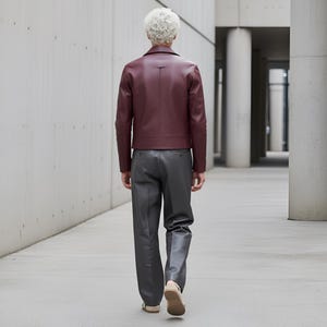 May include: A burgundy leather jacket with a classic collar and a tailored fit. The jacket is paired with gray trousers and beige sandals. The person is walking away in a modern architectural setting.