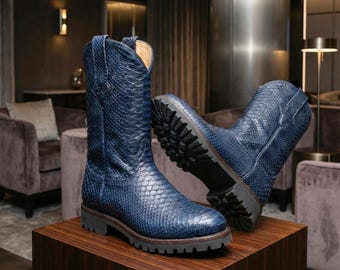 Blue Snake Print Leather Cowboy Boots, Handmade Navy Western Footwear USA Size 7-13