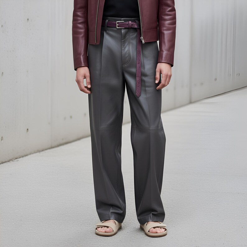 May include: A person wearing a burgundy leather jacket, gray leather pants, and beige sandals. A burgundy belt with a patterned design is worn with the pants. The outfit is set against a neutral background.