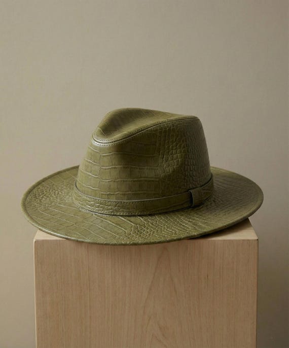 Crocodile Leather Hat - Olive Green Crocodile Texture - Wide  display picture 1