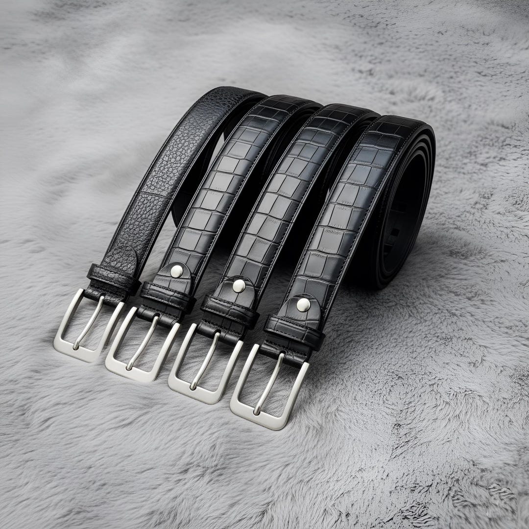 Black Crocodile Embossed Leather Belt With Silver Buckle  display picture 2