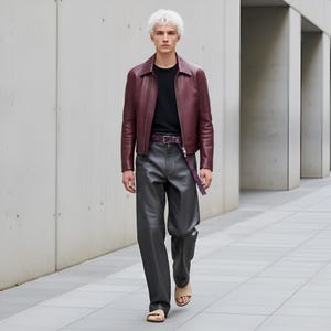 May include: A person wearing a burgundy leather jacket, black t-shirt, gray leather pants, and beige sandals. A purple patterned belt is worn with the pants. The person is walking on a gray sidewalk.