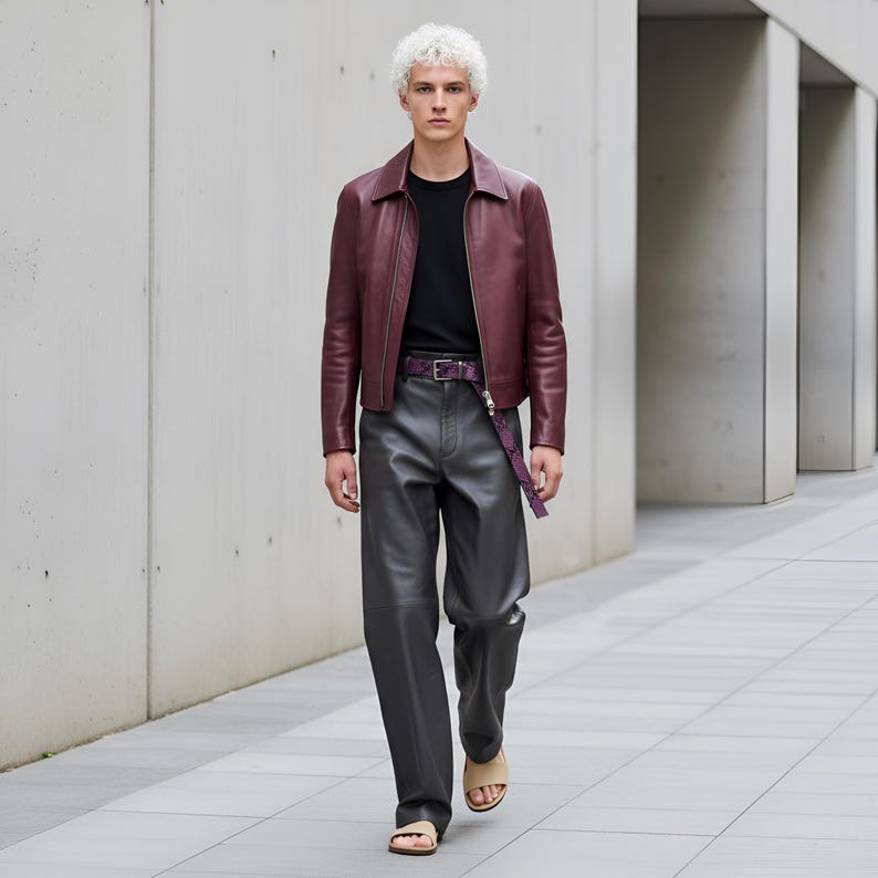 May include: A person wearing a burgundy leather jacket, black t-shirt, gray leather pants, and beige sandals. A purple patterned belt is worn with the pants. The person is walking on a gray sidewalk.