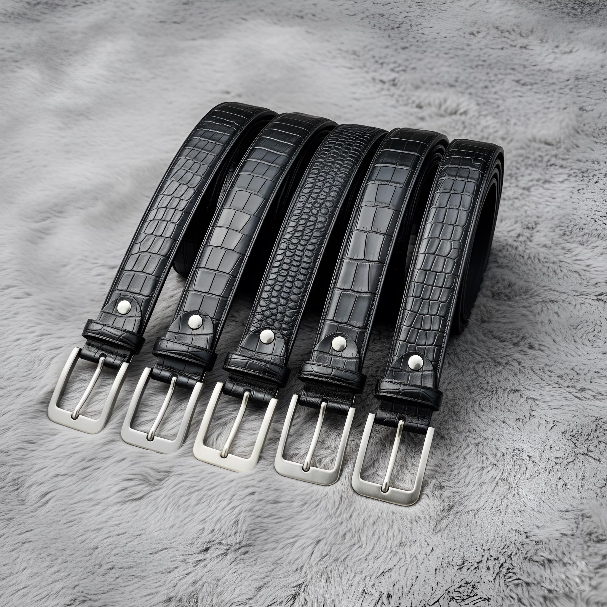 Black Crocodile Embossed Leather Belt With Silver Buckle  display picture 2