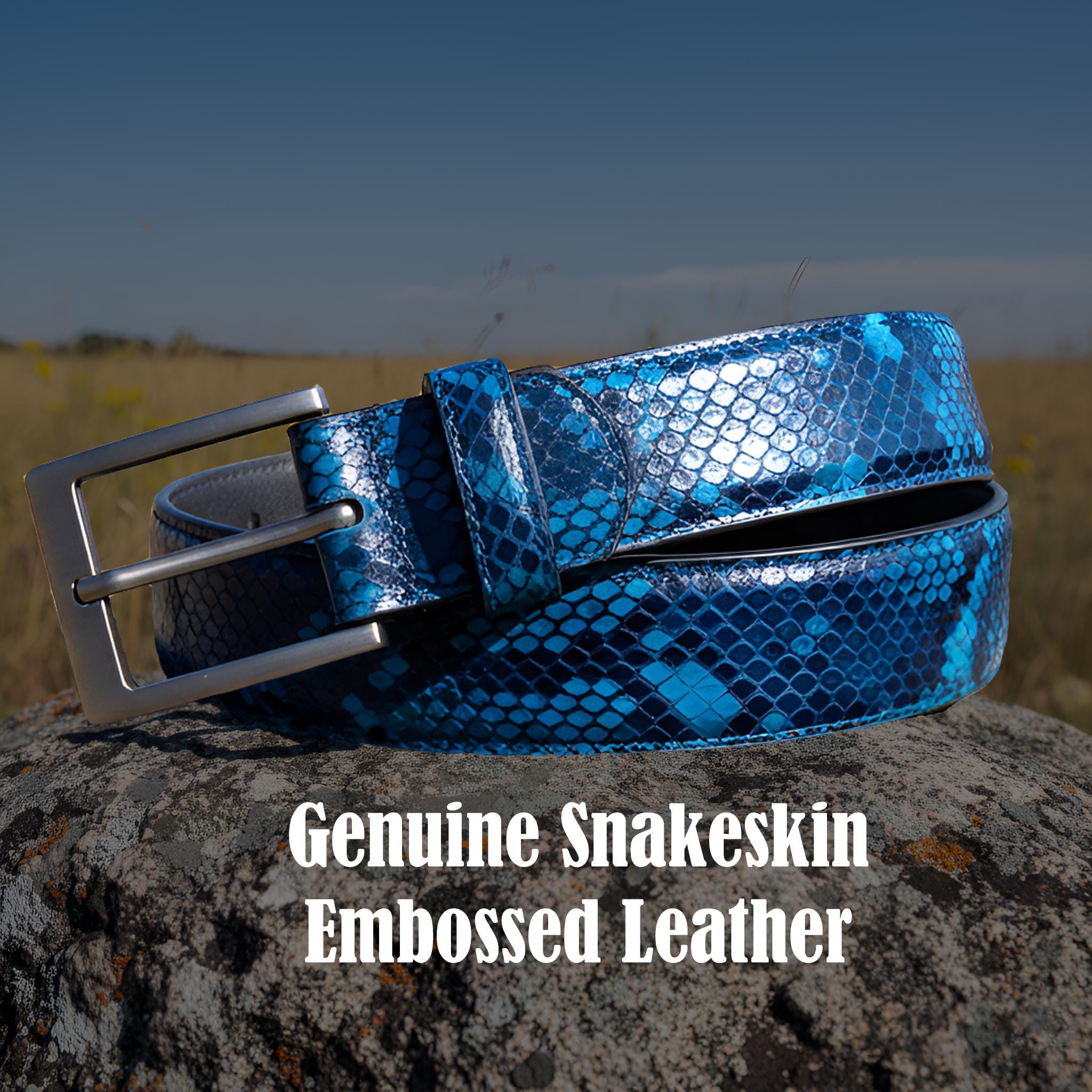 Luxury Snakeskin Belt in blue leather ABP leather belt + steel buckle - Shiny python – ABP Concept main image 3