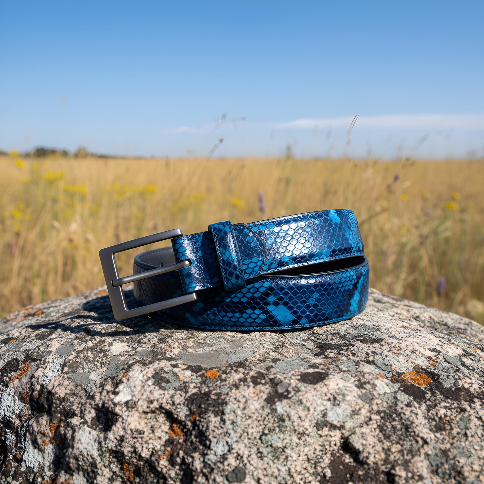 Luxury Snakeskin Belt in blue leather ABP leather belt + steel buckle - Shiny python – ABP Concept main image 4