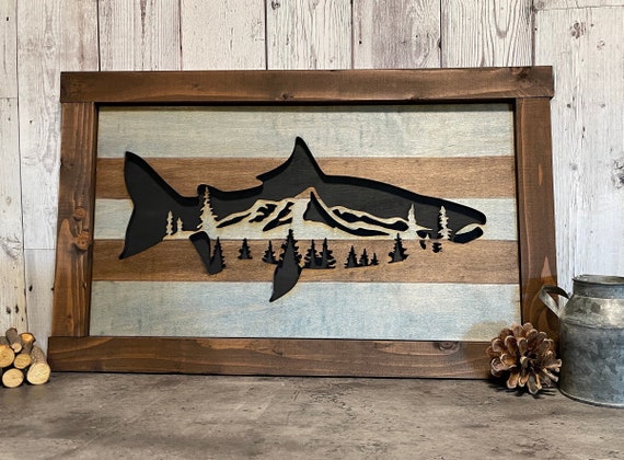 Salmon Home Decor Wood Wall Hanging, Fish Art Farmhouse, Cabin, Rustic,  Art, Gift, Handmade, Living Room, Bedroom, Bathroom, Fisherman 