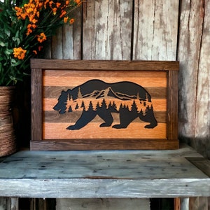 Handmade Wood Wall hanging, bear decor, rustic bear sign, bear with mountains and trees, cabin decor