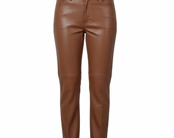 Handmade Brown Leather Pants: High Waist Slim Fit Trousers