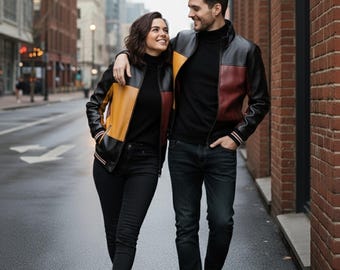 Retro Color Block Leather Bomber Jacket – Vintage 90s Streetwear Coat