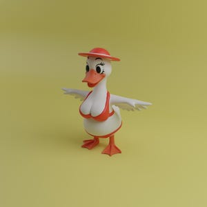 以下が含まれることがあります： 赤いビキニトップ、赤いボトムス、お揃いの赤いサンハットを身に着けた白い漫画風のアヒルのフィギュア。アヒルはオレンジ色のくちばしとオレンジ色の水かきのある足をしており、両翼を横に広げて立っている姿勢で、平らな面に置かれています。