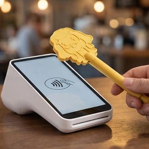 May include: A white point-of-sale (POS) terminal with a black screen displaying a contactless payment symbol. A yellow pen with a dog-shaped topper is held near the screen. The background is blurred, suggesting a cafe setting.