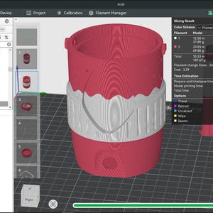 May include: A digital 3D modeling interface displaying a cylindrical object with a red base and a white textured middle band. The software screen shows a slicing result window with filament usage data, project settings, and a grid-based build plate.
