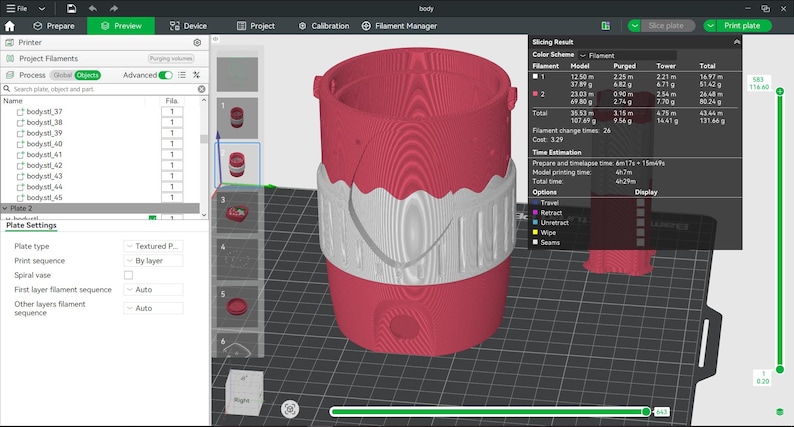 May include: A digital 3D modeling interface displaying a cylindrical object with a red base and a white textured middle band. The software screen shows a slicing result window with filament usage data, project settings, and a grid-based build plate.