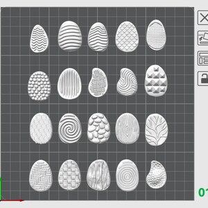 May include: A collection of white, egg-shaped ornaments with various textured designs. The designs include wavy lines, scales, bubbles, and geometric patterns. The ornaments are arranged on a gray grid background.