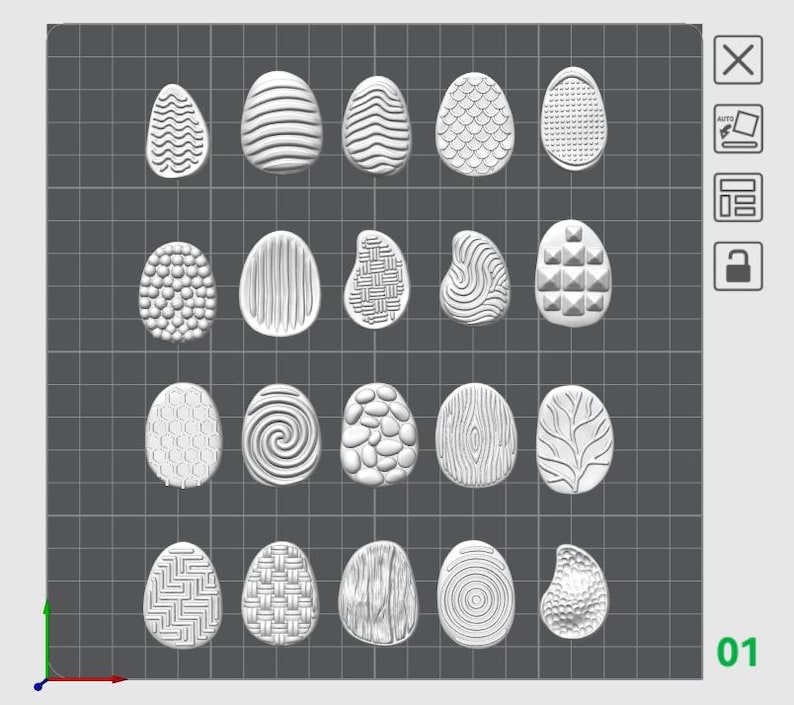 May include: A collection of white, egg-shaped ornaments with various textured designs. The designs include wavy lines, scales, bubbles, and geometric patterns. The ornaments are arranged on a gray grid background.