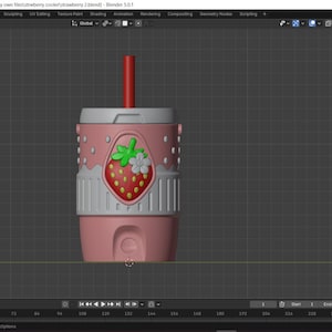 May include: A 3D digital model of a pink cylindrical tumbler with a red straw. The tumbler features a central embossed strawberry graphic with a white flower and green leaves, surrounded by a subtle pattern of small white dots on the upper section.