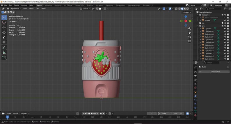 May include: A 3D digital model of a pink cylindrical tumbler with a red straw. The tumbler features a central embossed strawberry graphic with a white flower and green leaves, surrounded by a subtle pattern of small white dots on the upper section.