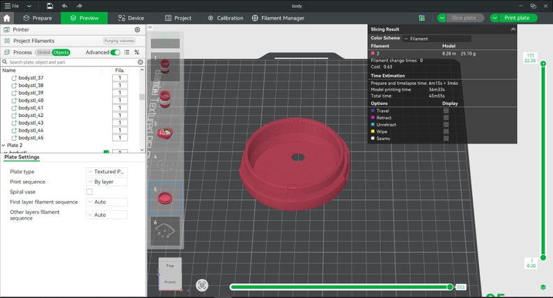 May include: A digital 3D printer slicing software interface displaying a circular red object on a grid build plate. The screen shows project filaments, plate settings, and a slicing result window with time estimation and filament usage data.