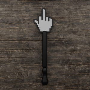 May include: A novelty item featuring a pixelated hand giving the middle finger. The hand is gray and attached to a black handle with a decorative base. The item is set against a dark wood grain background.