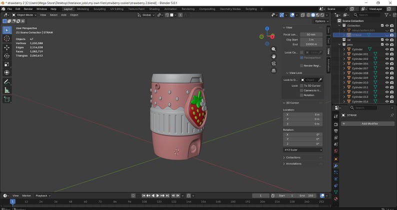 May include: A 3D digital model of a cylindrical pink cup displayed within the Blender software interface. The cup features a textured surface with a strawberry graphic on the side, including green leaves and white flowers against a red background.
